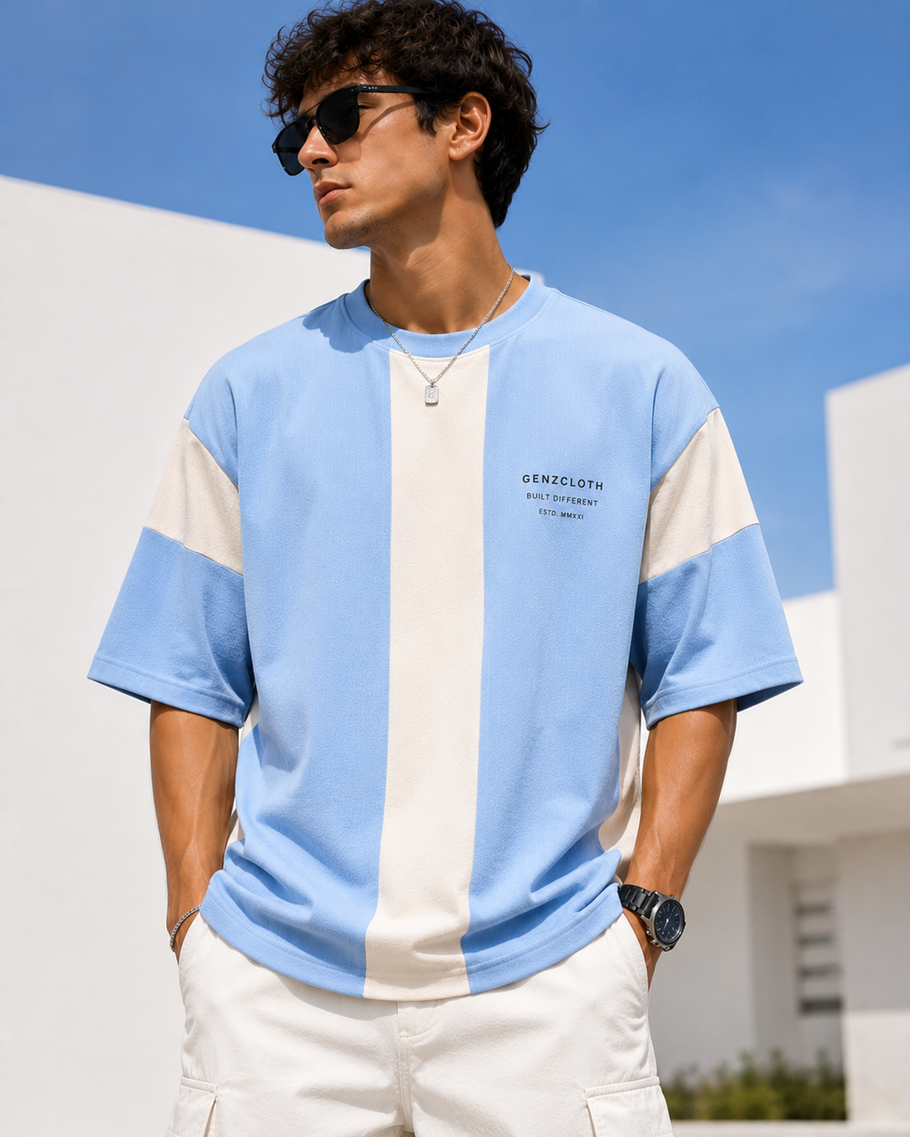 Genzcloth Light Blue Color-Block Oversized T-Shirt⁠