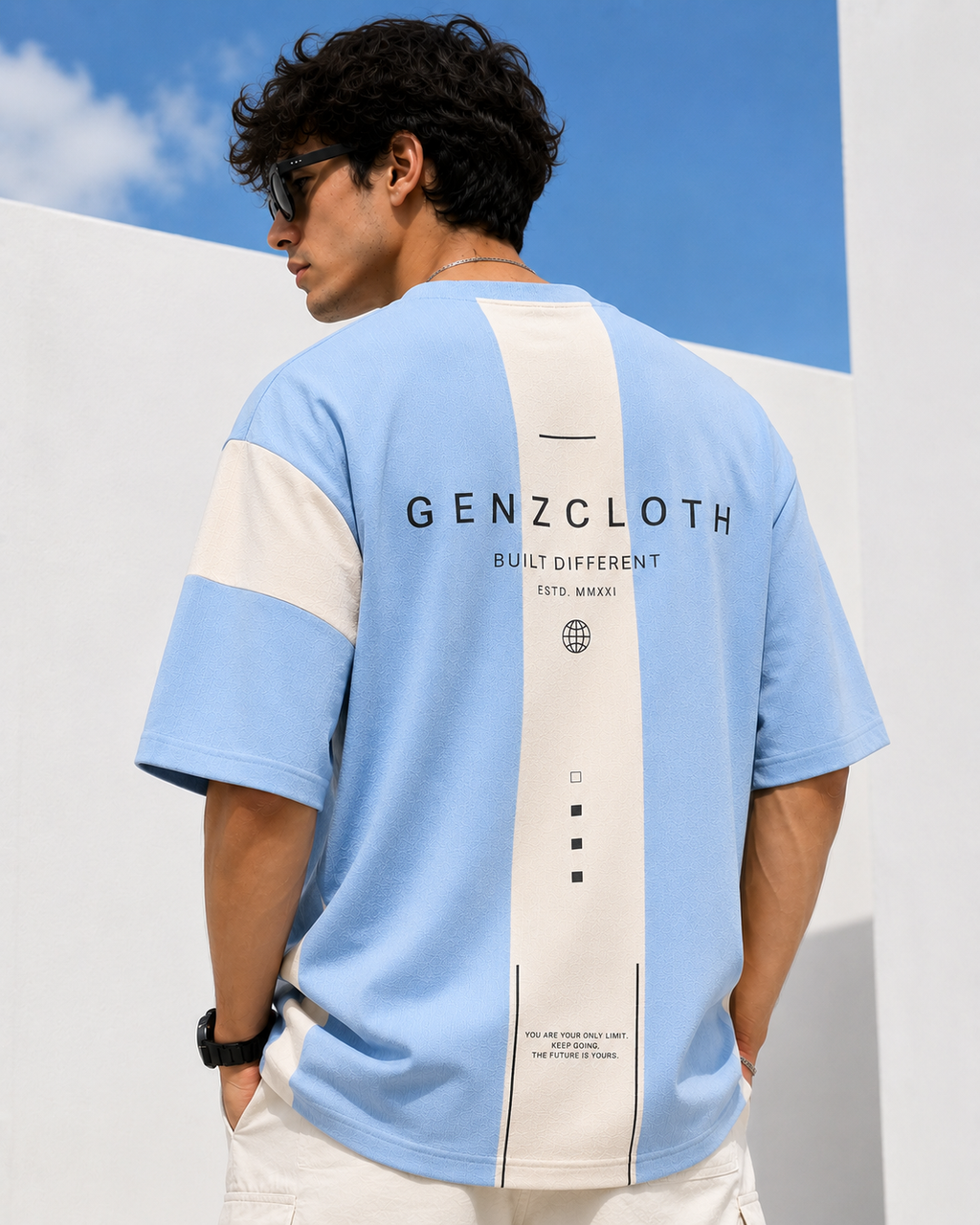 Genzcloth Light Blue Color-Block Oversized T-Shirt⁠