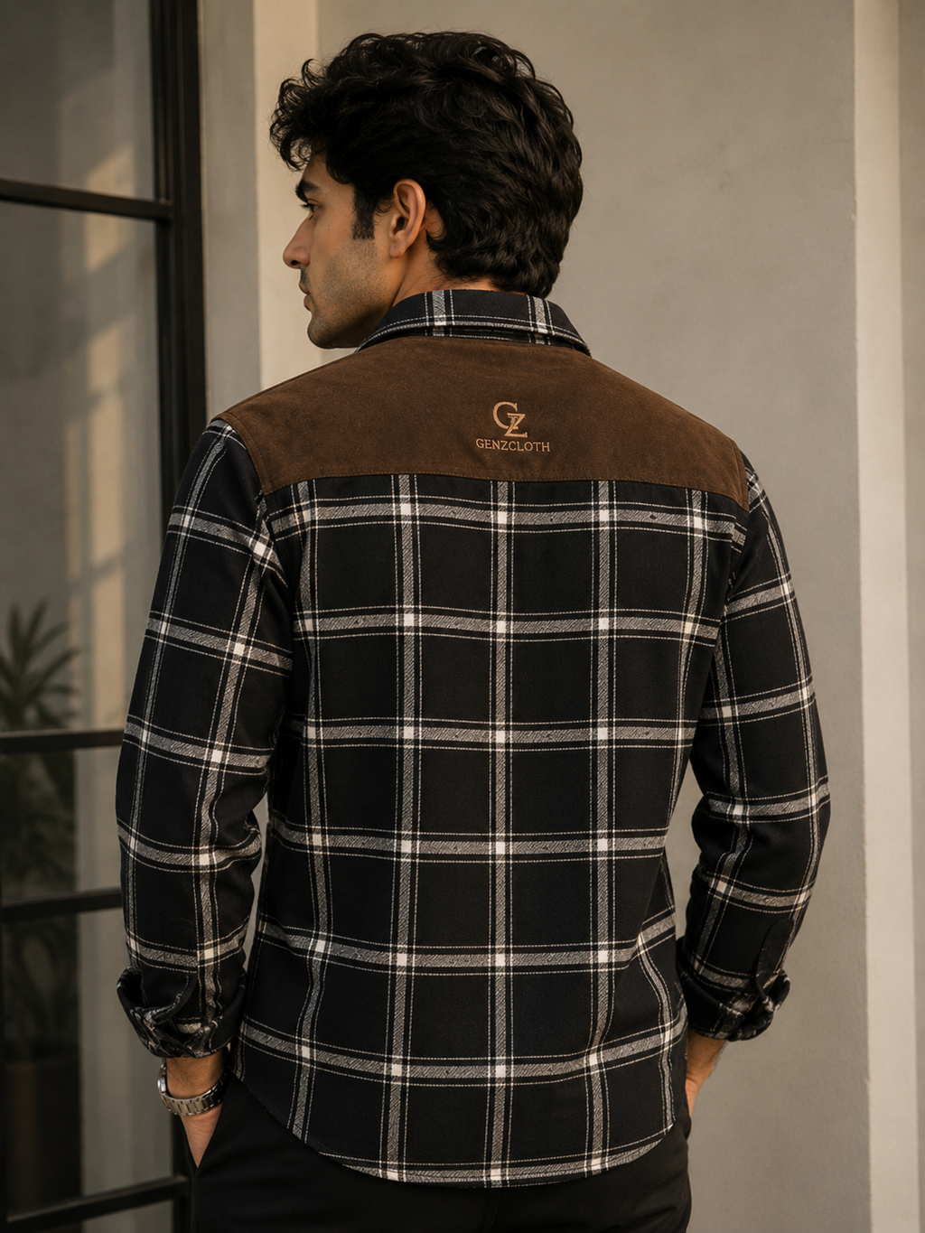 Premium Black Checkered Shirt with Contrast Shoulder Panel⁠