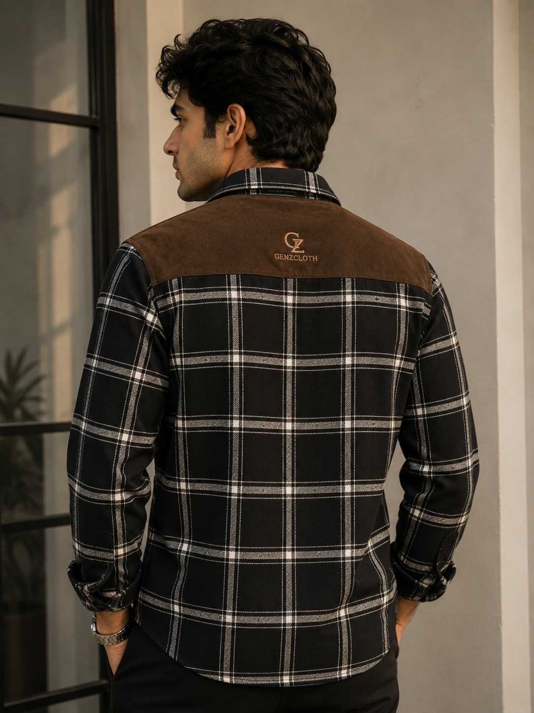 Premium Black Checkered Shirt with Contrast Shoulder Panel⁠