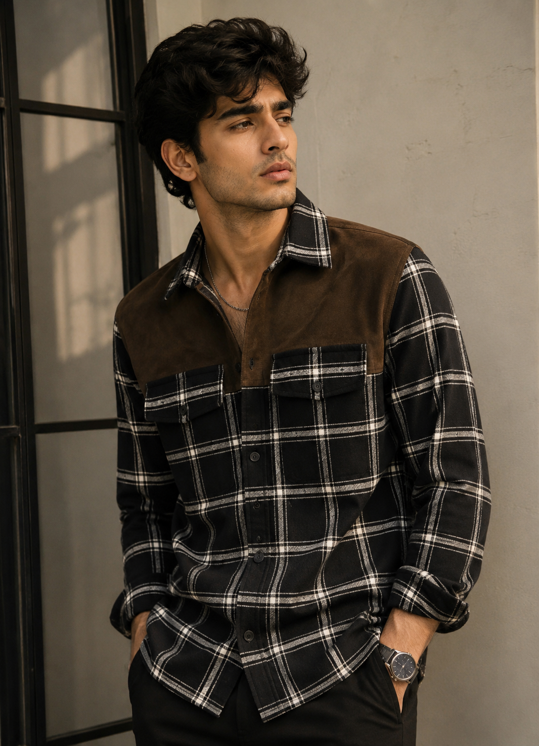 Premium Black Checkered Shirt with Contrast Shoulder Panel⁠