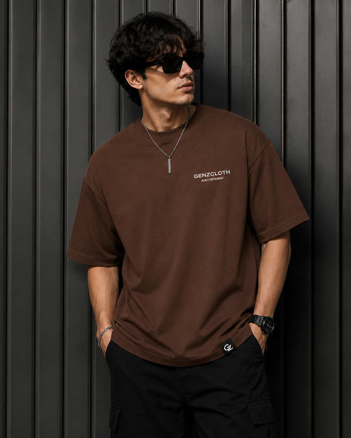 Men's Solid Chocolate Brown Oversized Tee⁠