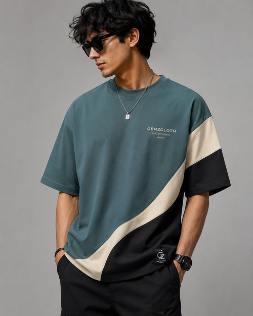 GZ Teal Color-Block Oversized Graphic T-Shirt⁠
