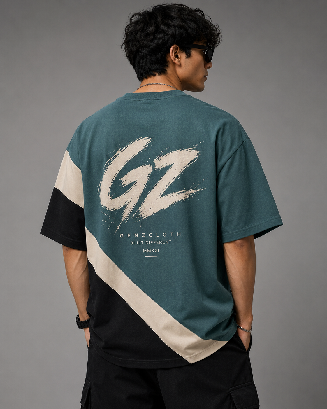 GZ Teal Color-Block Oversized Graphic T-Shirt⁠